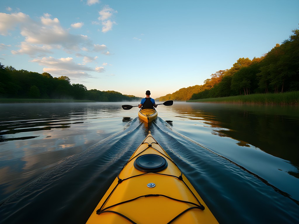 Kayaking on the calm waters of Black Warrior River with Tuscaloosa skyline in background