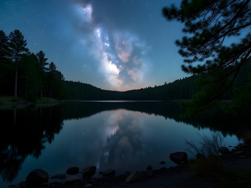 Starry night sky reflected in the still waters of Lake Lurleen State Park near Tuscaloosa