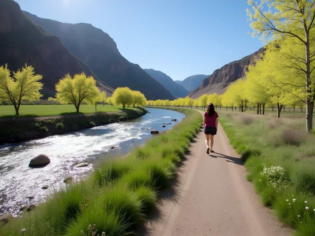 Family hiking trail along Snake River at Auger Falls Park in Twin Falls, Idaho