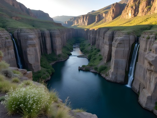 Basalt pillars dividing Snake River at Pillar Falls near Twin Falls, Idaho