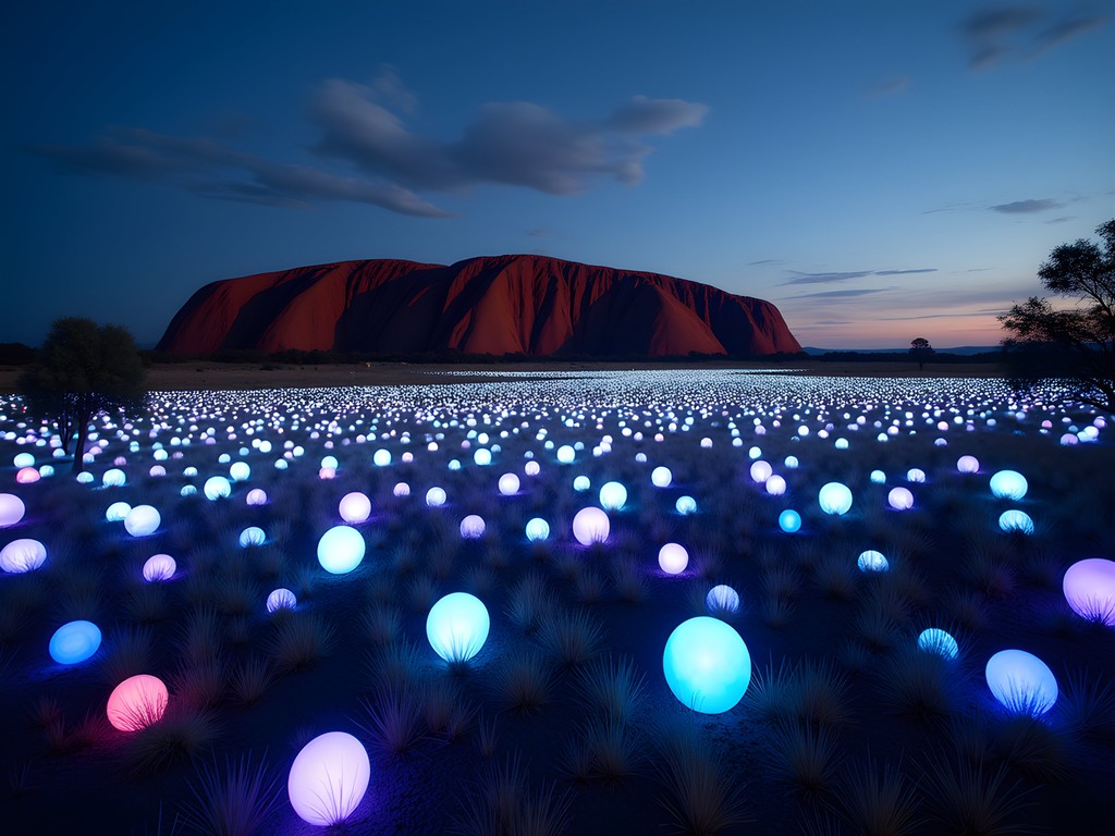 Field of Light art installation with thousands of illuminated spheres with Uluru silhouetted in background