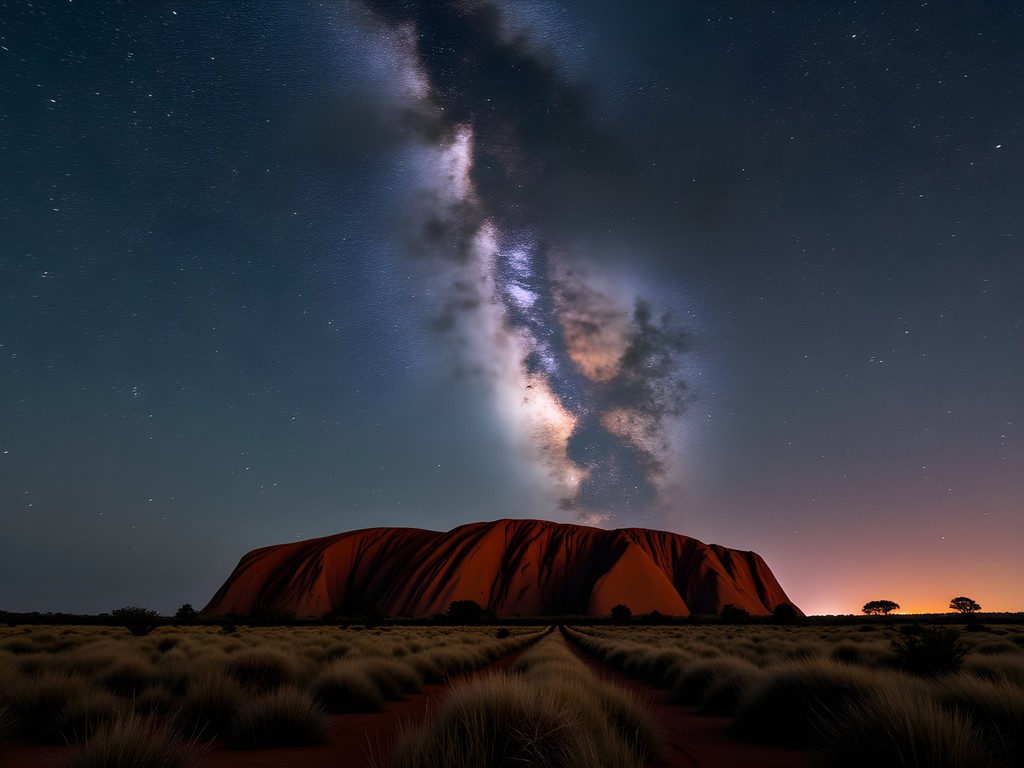 Milky Way galaxy arching over silhouetted Uluru at night