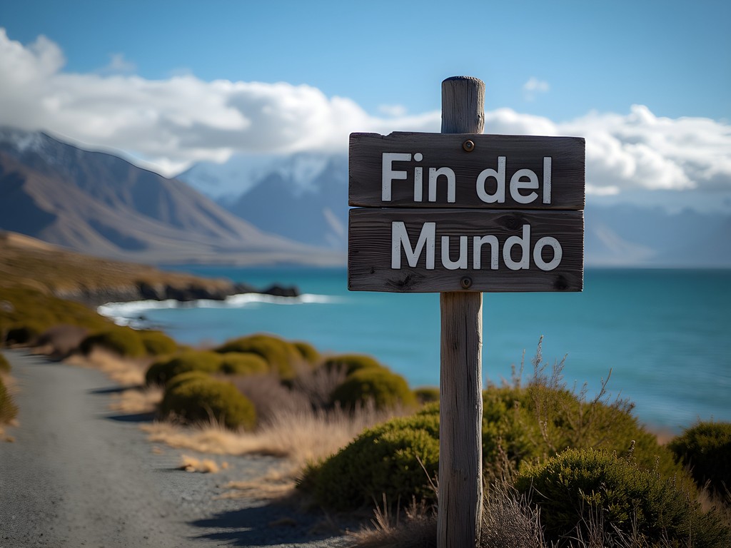 End of the World sign at Lapataia Bay with Beagle Channel in background