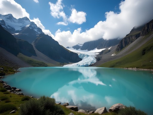 Turquoise waters of Laguna Esmeralda with mountains and glacier in background