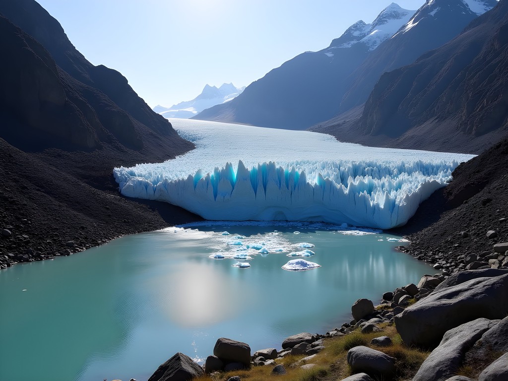 Vinciguerra Glacier meeting Laguna de los Témpanos with floating icebergs