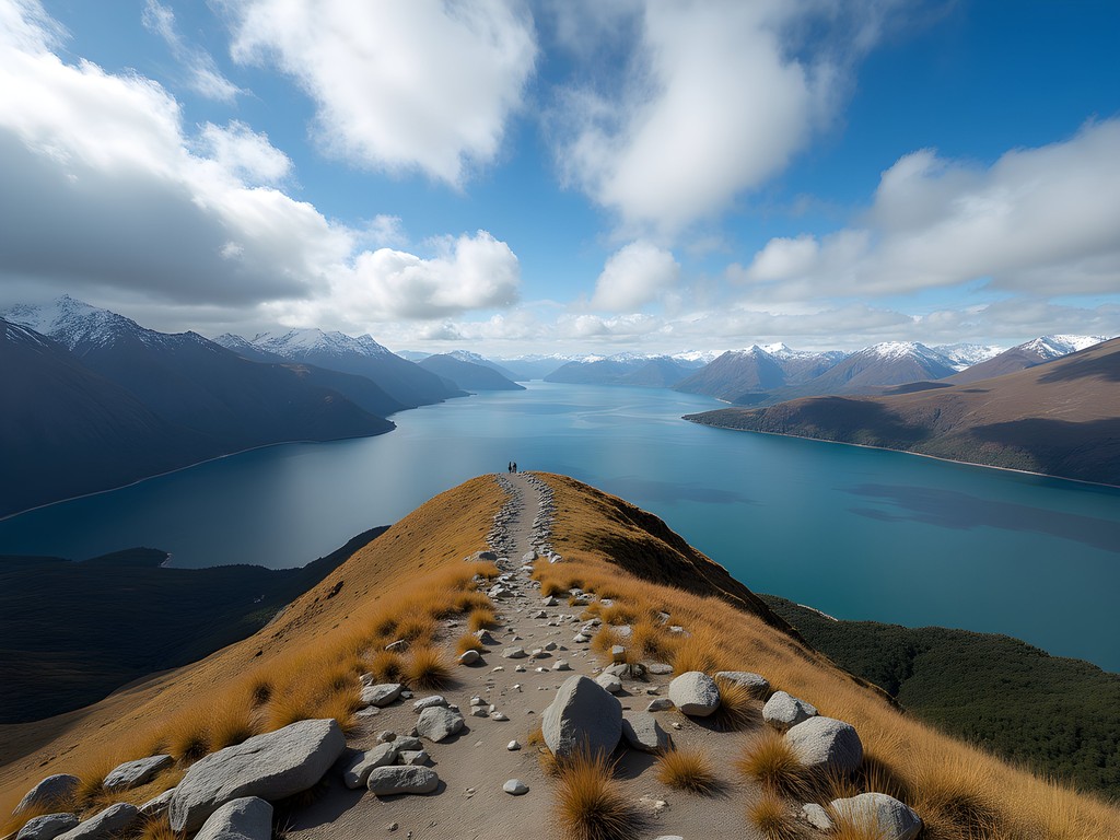 Panoramic view from Cerro Guanaco summit showing lakes, forests and the Beagle Channel