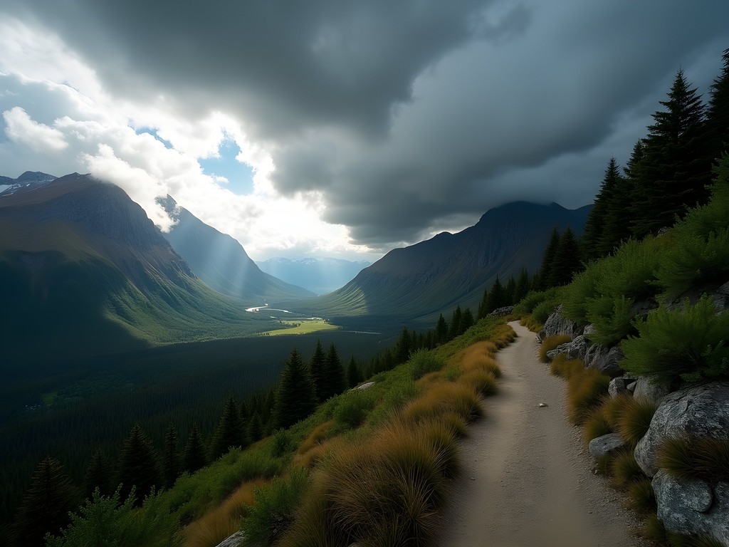 Dramatic weather change on hiking trail near Ushuaia showing approaching storm clouds