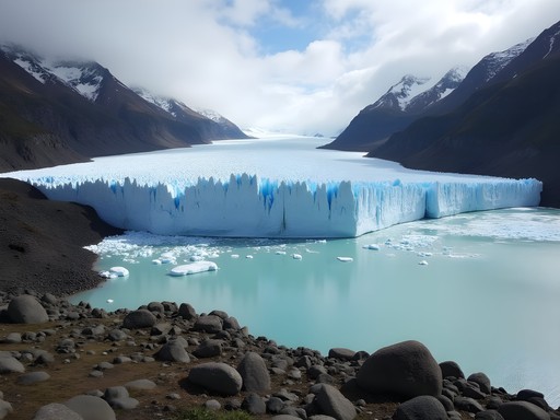 Vinciguerra Glacier with floating ice chunks in turquoise glacial lake