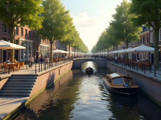 Utrecht's unique two-level canal system showing upper streets and lower wharfs with cafés