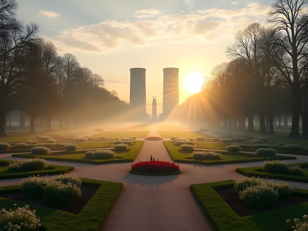 Morning mist in Vienna's Augarten park with Baroque gardens and WWII flak towers in background