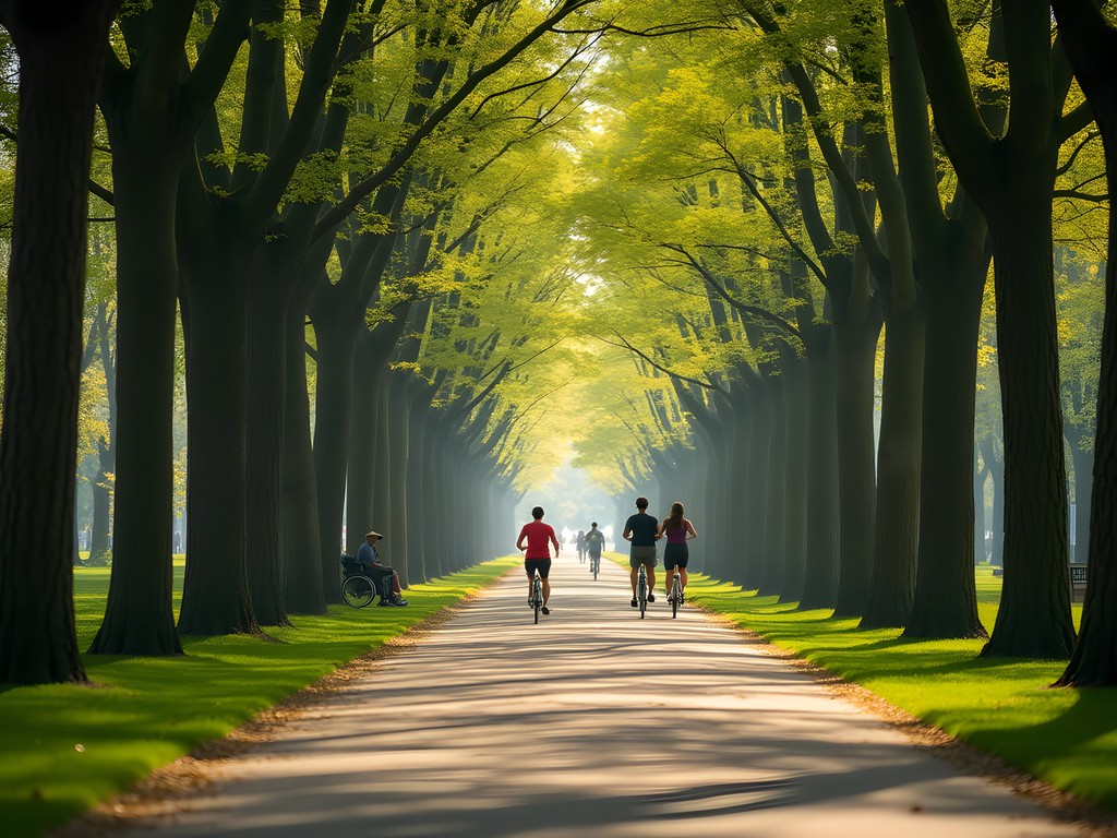 Tree-lined Hauptallee boulevard in Vienna's Prater park with morning cyclists and joggers