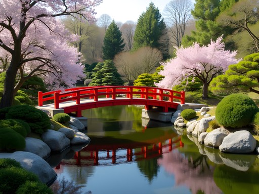 Traditional Japanese bridge and koi pond at Setagaya Park in Vienna during spring