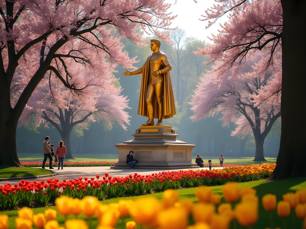 Golden statue of Johann Strauss surrounded by spring blossoms in Vienna's Stadtpark