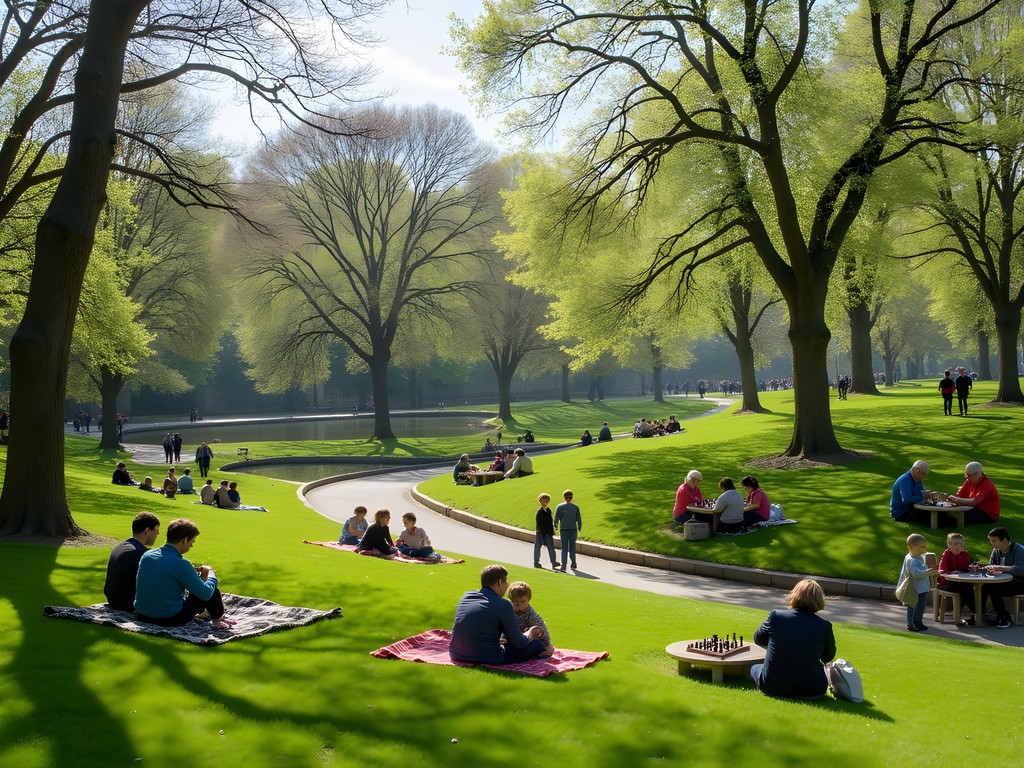 Local Viennese families enjoying Sunday afternoon in Türkenschanzpark with picnics and games
