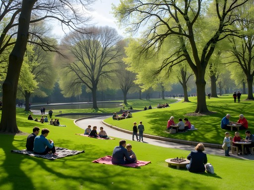 Local Viennese families enjoying Sunday afternoon in Türkenschanzpark with picnics and games