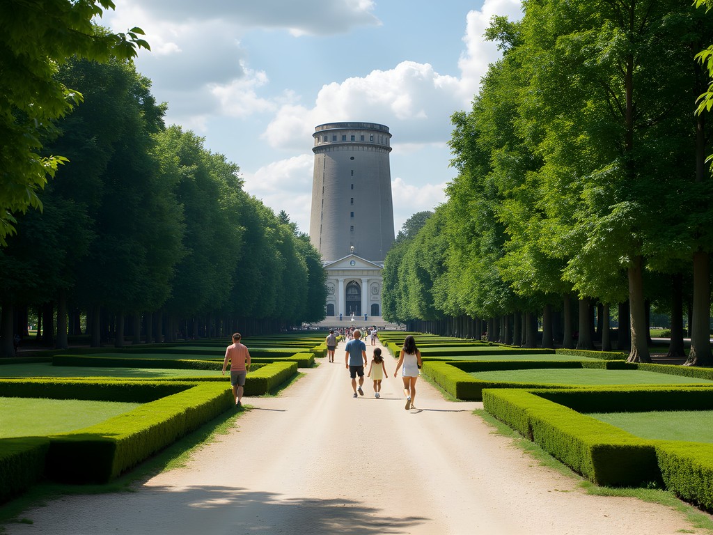 Baroque garden paths in Vienna's Augarten with WWII flak tower visible among trees