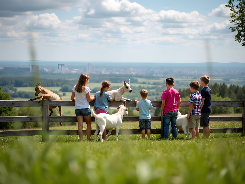 Children interacting with friendly goats at Cobenzl City Farm with Vienna panorama in background