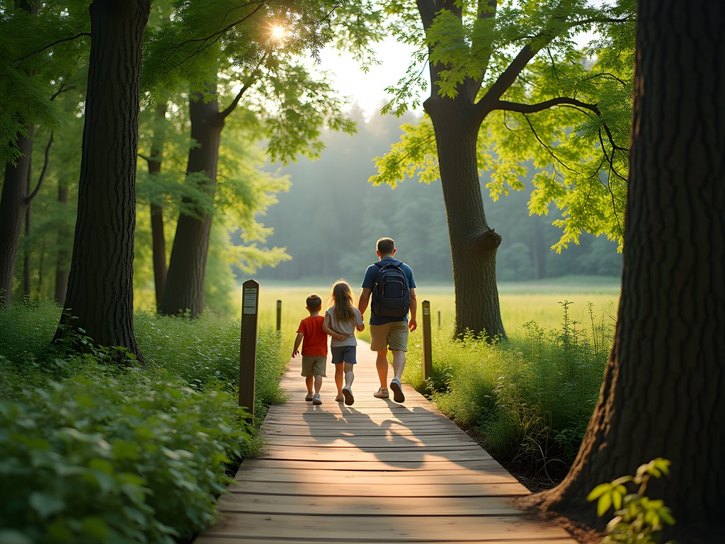 Family walking on wooden boardwalk trail through lush floodplain forest in Danube-Auen National Park