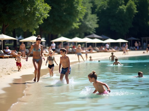 Family beach area on Danube Island with shallow swimming area and relaxing parents
