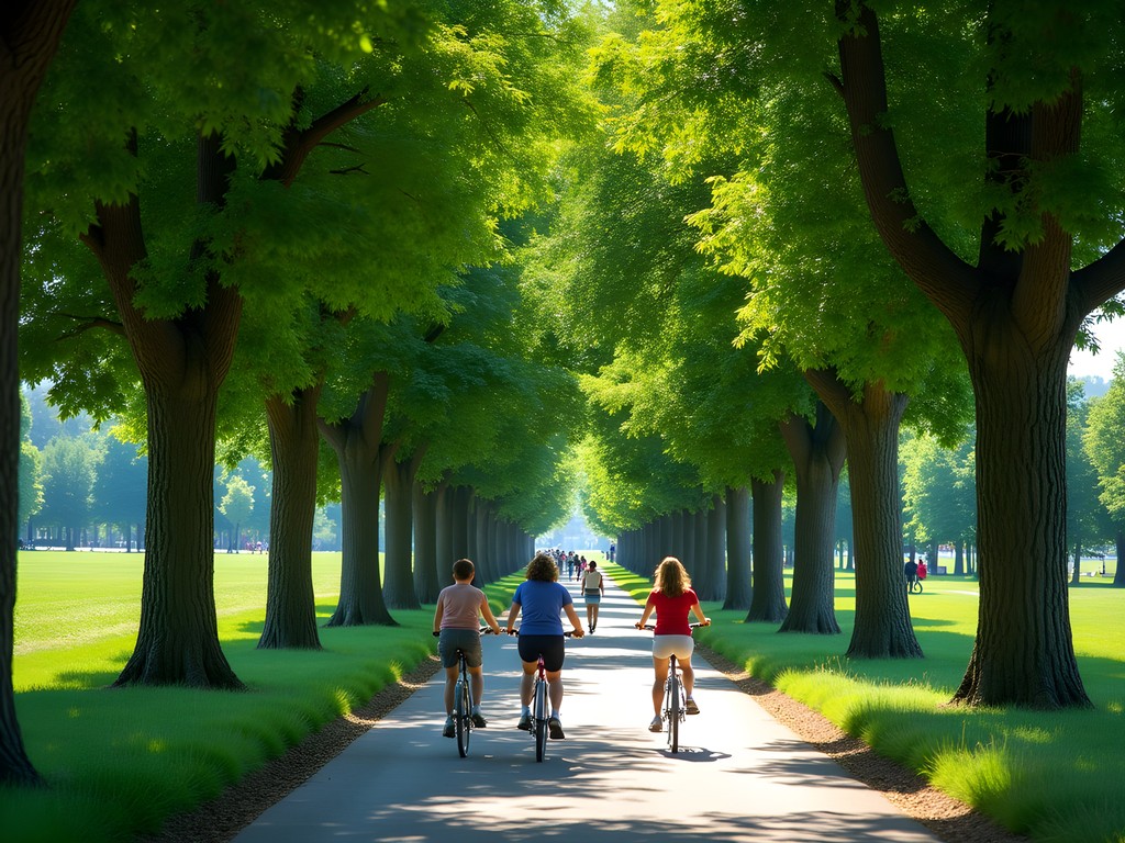 Tree-lined bicycle path in Vienna's Prater Park with families cycling
