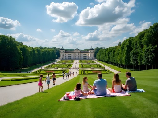 Family enjoying picnic on sloping lawns of Schönbrunn Palace Gardens with Vienna panorama