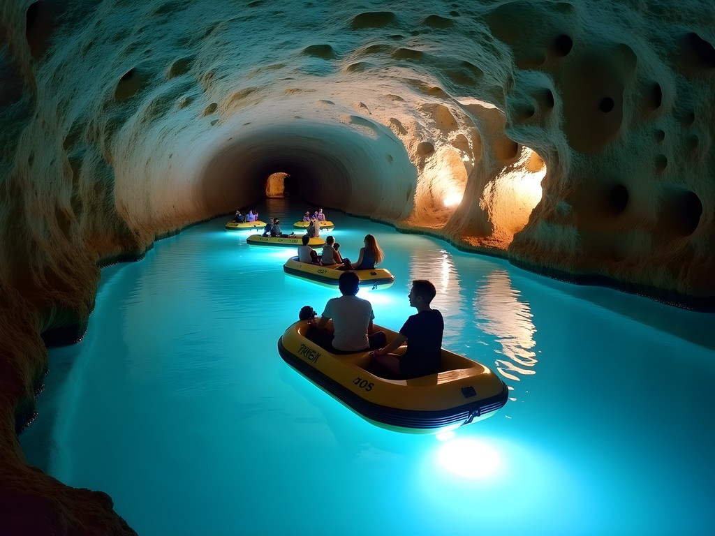 Family boat tour on illuminated underground lake in Seegrotte Hinterbrühl near Vienna