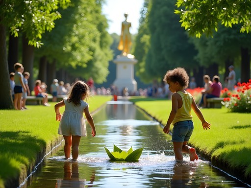 Children playing in shallow stream in Vienna's Stadtpark with Johann Strauss statue visible in background