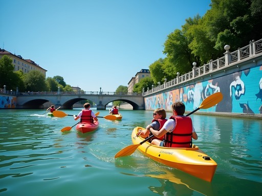 Family kayaking on Vienna's Danube Canal with colorful street art murals visible along embankment walls
