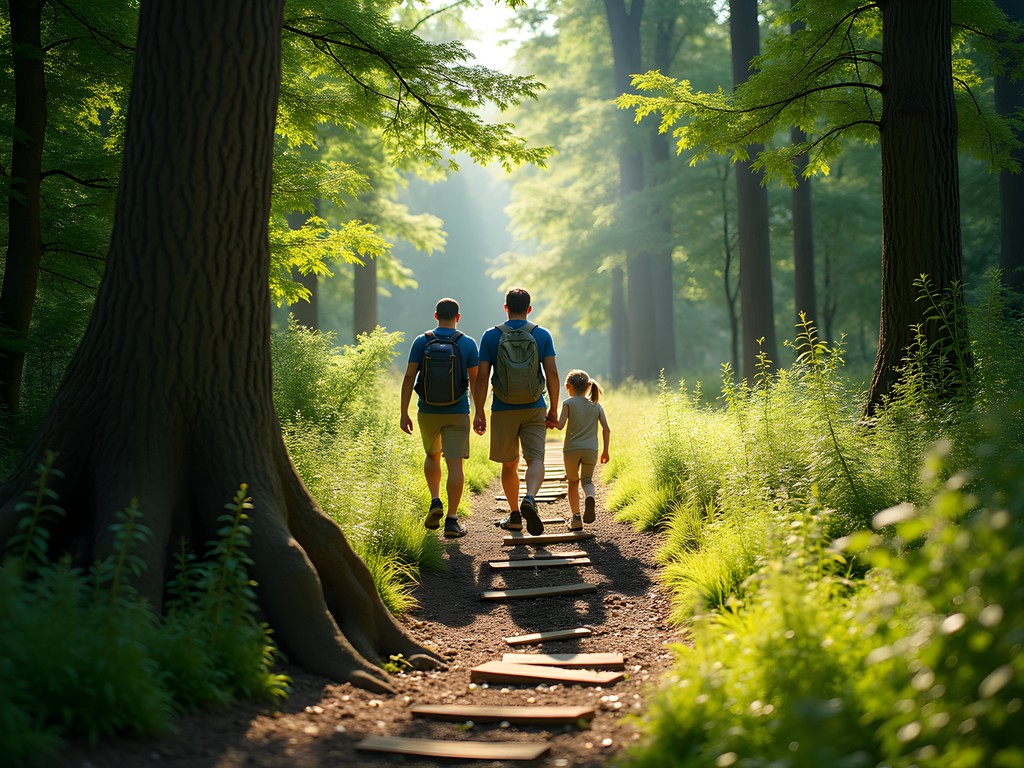 Family hiking on shaded forest trail in Vienna Woods with dappled sunlight