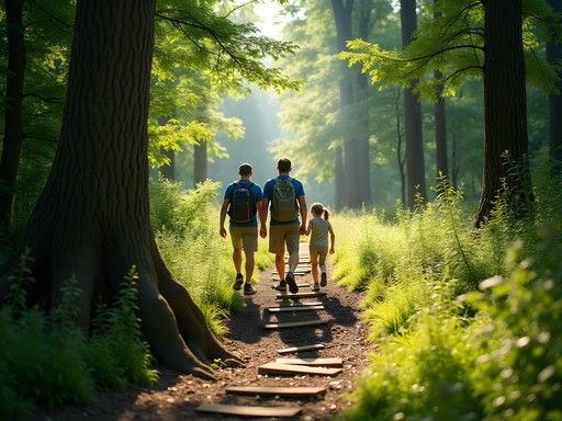 Family hiking on shaded forest trail in Vienna Woods with dappled sunlight