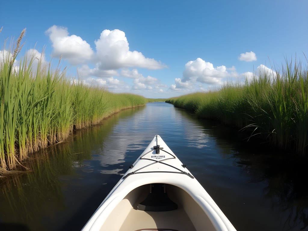 Kayaker paddling through marsh channels at Back Bay National Wildlife Refuge
