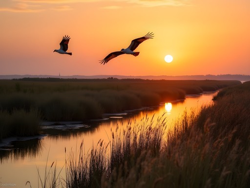 Calm waters and salt marshes at Pleasure House Point Natural Area at sunset