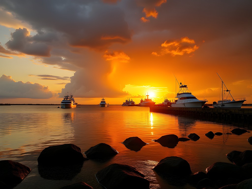 Dramatic sunset over Rudee Inlet with silhouetted fishing boats returning to harbor
