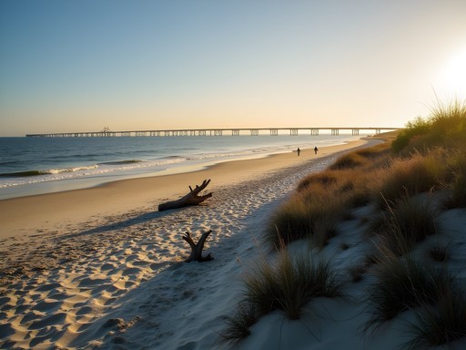 Secluded beach at First Landing State Park with Chesapeake Bay Bridge in distance