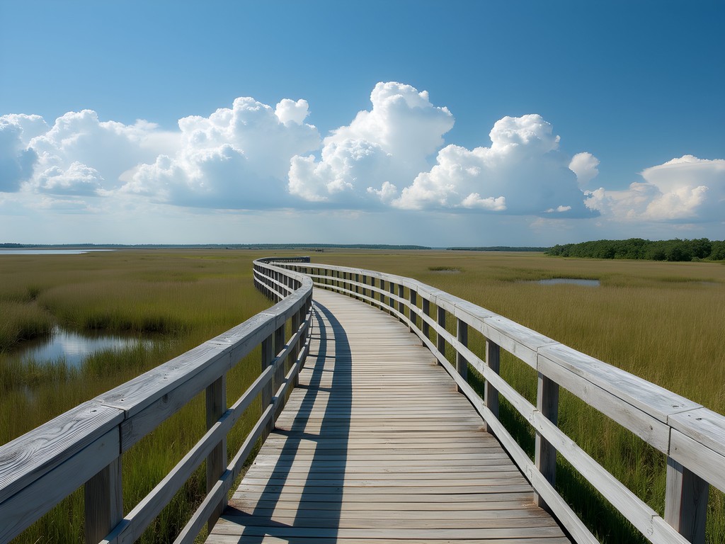 Wooden boardwalk through marshlands at Back Bay National Wildlife Refuge