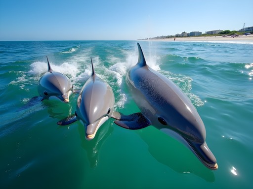 Atlantic Bottlenose dolphins swimming alongside tour boat in Virginia Beach