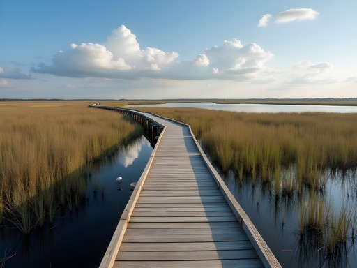Wooden boardwalk winding through marshes at Back Bay National Wildlife Refuge with migratory birds
