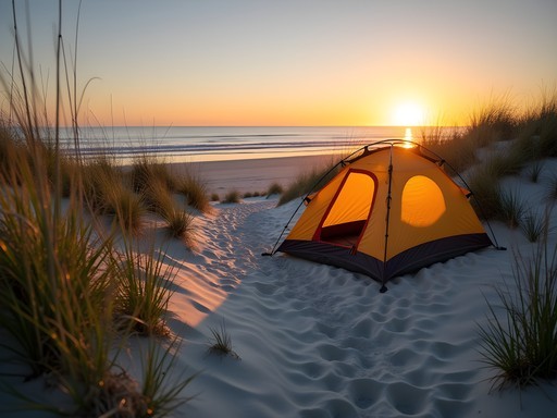 Tent on remote beach campsite at False Cape State Park with Atlantic Ocean sunrise