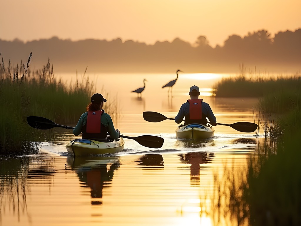 Couple kayaking through peaceful marshes of Lynnhaven River with herons in background