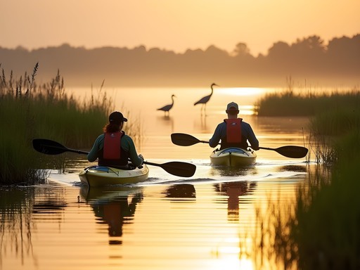Couple kayaking through peaceful marshes of Lynnhaven River with herons in background