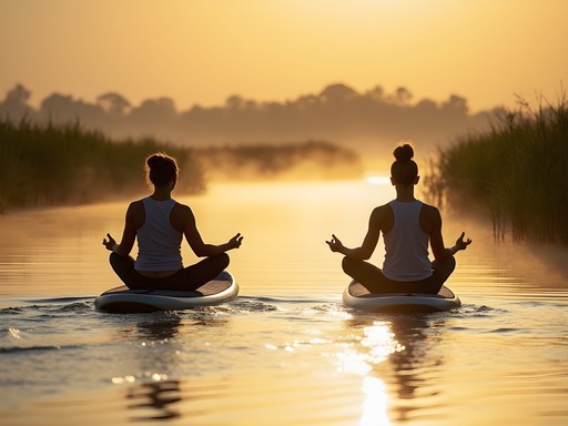 Couple meditating on paddleboards in still morning waters of Rudee Inlet with marsh grasses