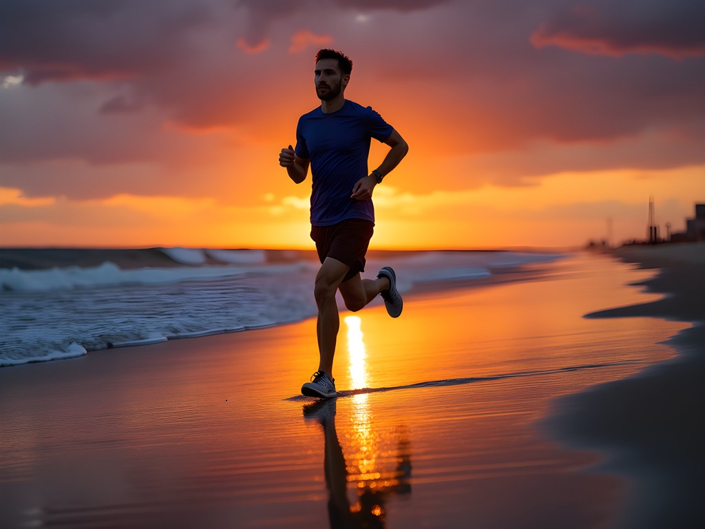 Silhouette of runner on Virginia Beach at sunset with vibrant orange and purple sky