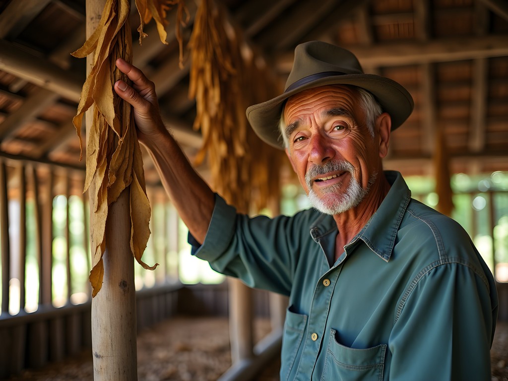 Cuban tobacco farmer showing dried leaves in traditional bohío hut