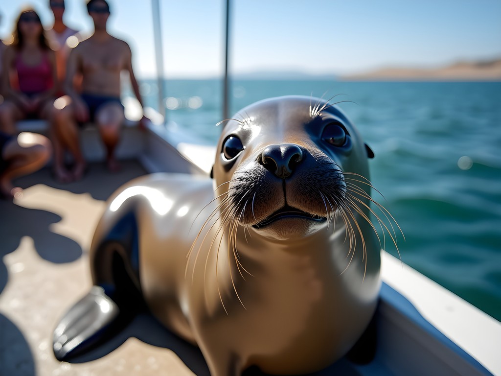 Cape fur seals interacting with tourists on catamaran cruise