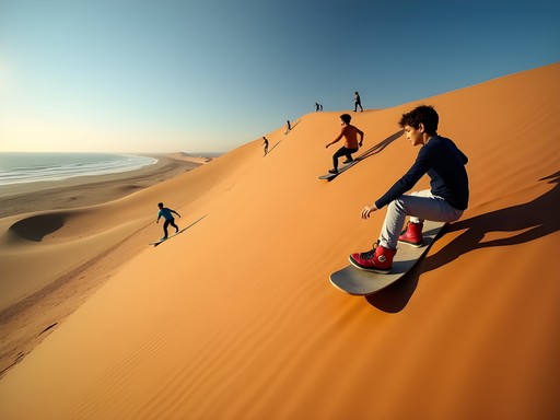 Family sandboarding on golden dunes near Walvis Bay