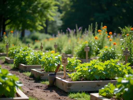 Community garden plots with vegetables and flowers at Baumgartner Park in Warren