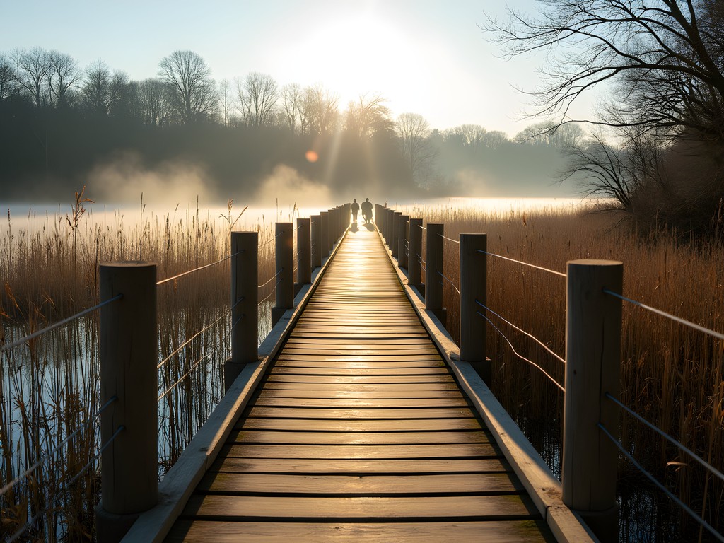 Wooden boardwalk extending over wetlands at Bear Creek Nature Park in Warren