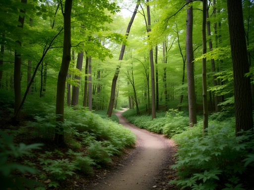 Forested trail with dappled sunlight at Burr's Woods nature preserve in Warren