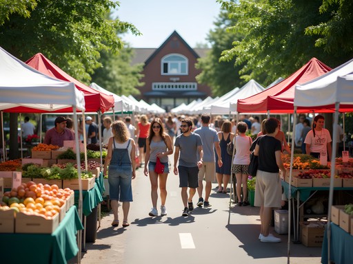 Colorful produce stands at Dodge Park Farmers Market in Warren with shoppers browsing fresh vegetables