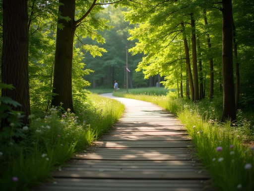 Wooden boardwalk trail through wooded area at Red Oaks Nature Center